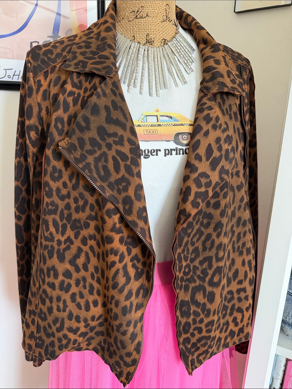 ODDY Leopard Print Leather Moto Jacket - Brown & Black